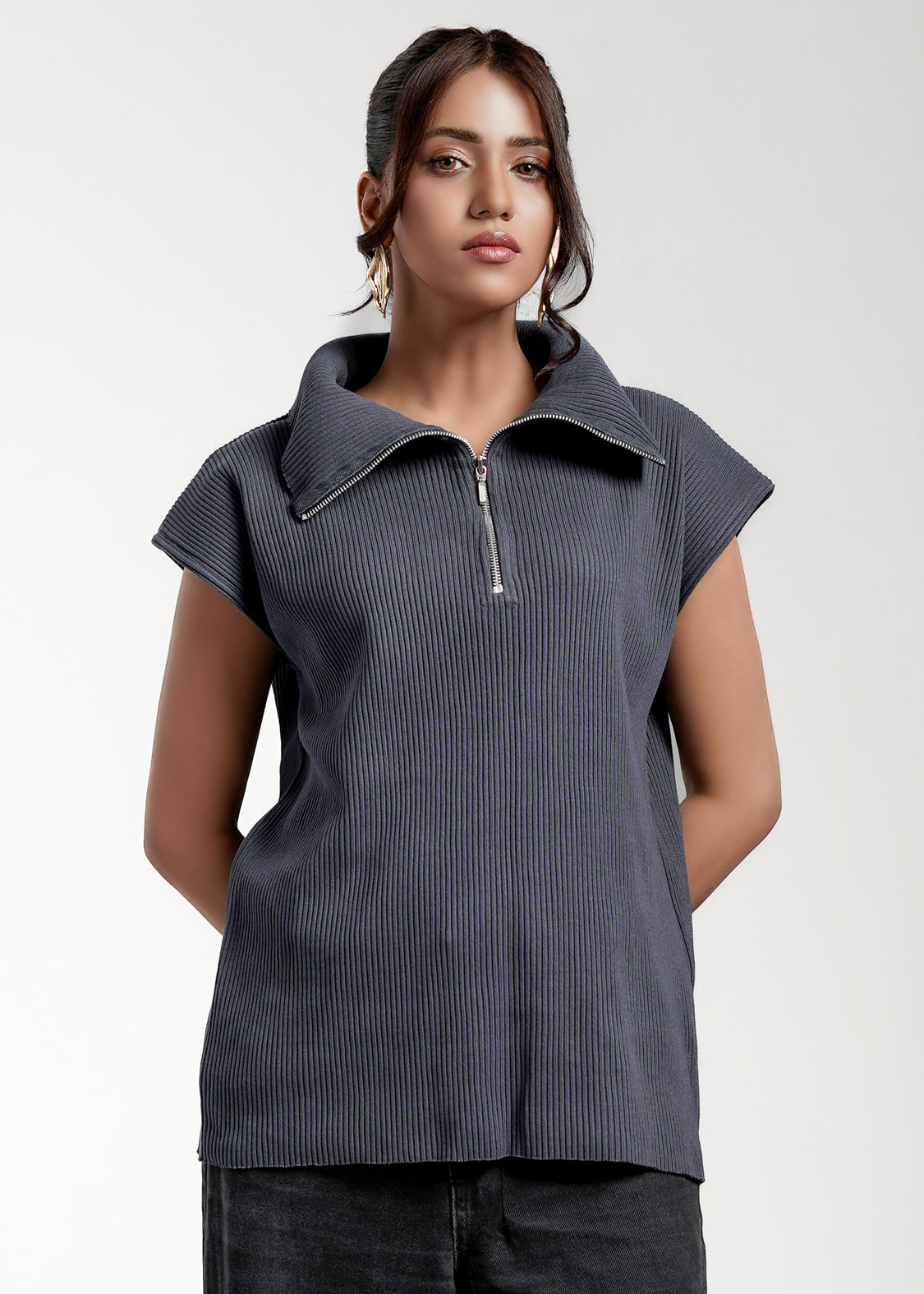 Urban Edge Zip Collar Top Grey